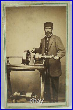 Vtg. Occupational CDV Machinist or Inventor with Lathe Plus 2 Lathe CDV's